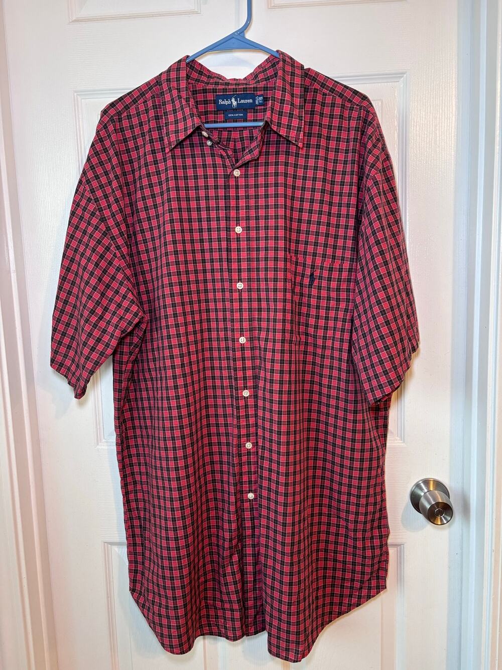 Ralph Lauren Men’s 2XLT Red Black Plaid Short Sleeve Button Up Shirt 100% Cotton
